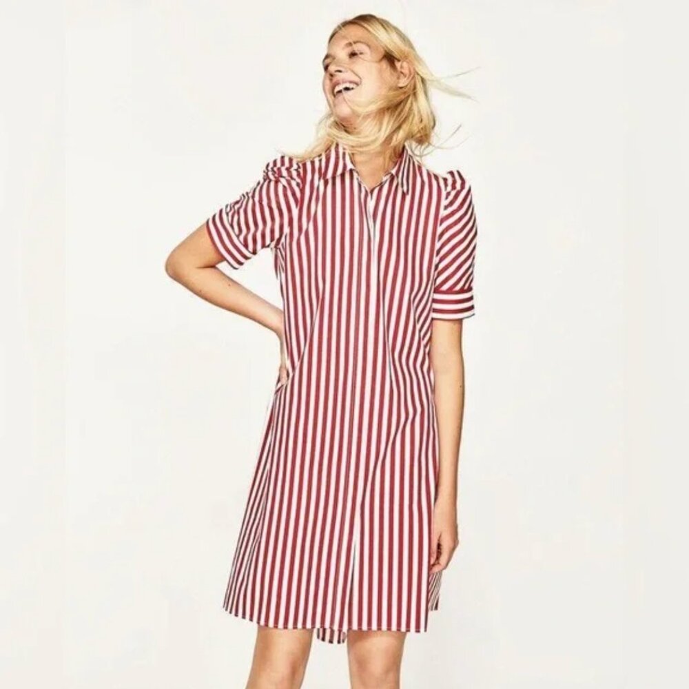Zara Striped Puff Sleeve Midi Dress S